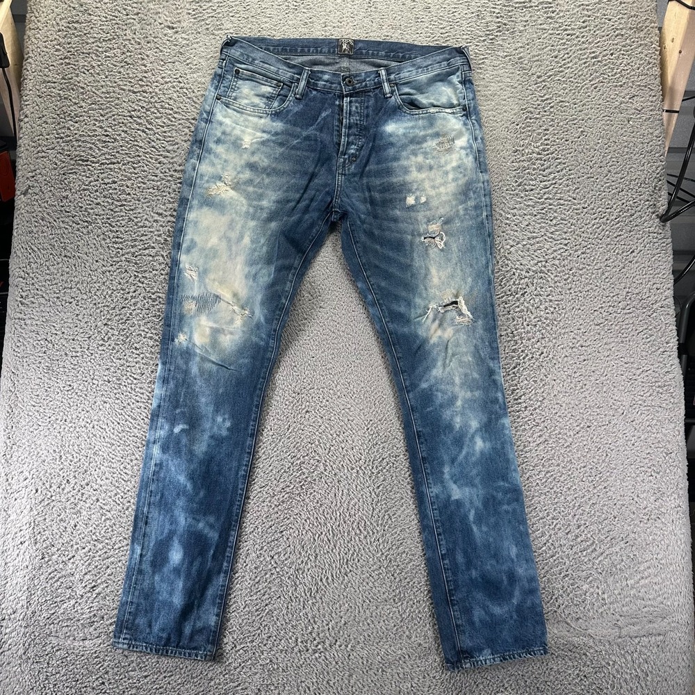 PRPS Jeans Mens 36x35 Blue Cotton Denim Straight Leg Faded Button-Fly Distressed